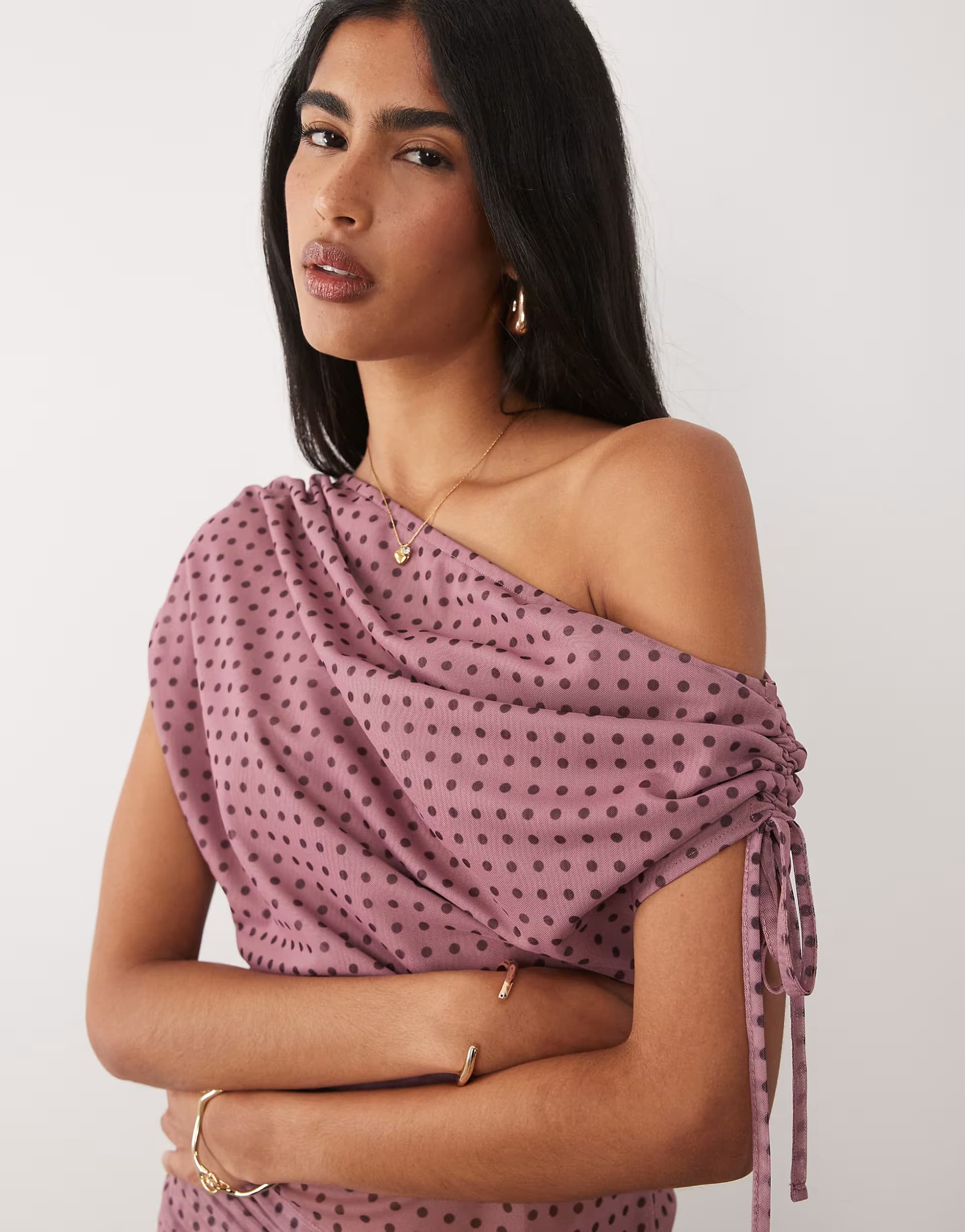 ASOS ASOS DESIGN co-ord printed mesh ruched shoulder cinched waist top in polka dot print