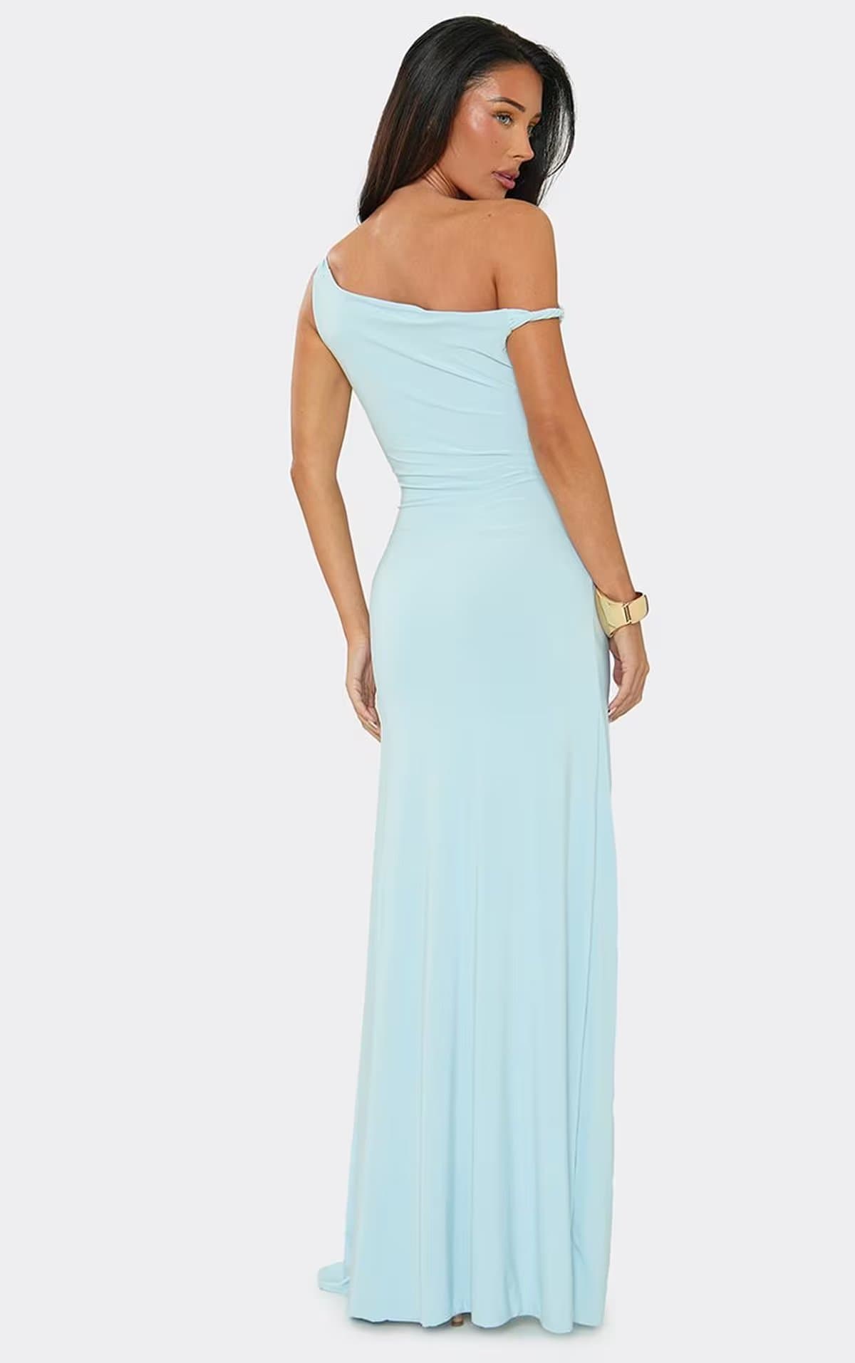 EGO Off The Shoulder Twist Detail Split Leg Maxi Dress In Baby Blue, Women's Size UK 6