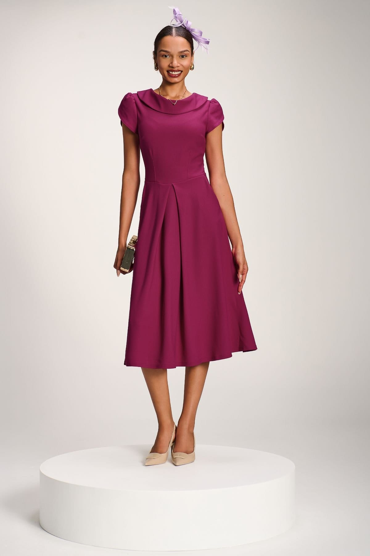 Jolie Moi Jolie Moi Women's Roll Neck Petal Sleeve Midi Dress in Magenta - 4