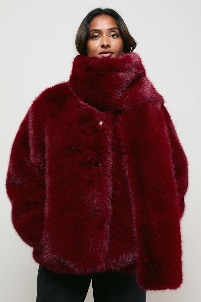 Oasis Oasis Women's Fur Jacket With Scarf in Berry - 2