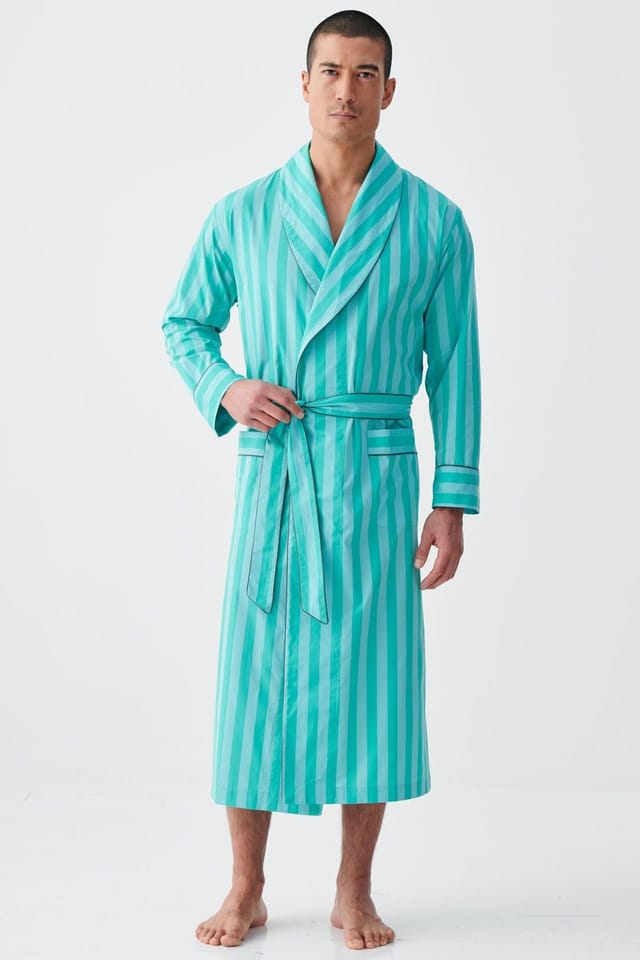 British Boxers British Boxers Men's "New York Turquoise Stripe" Crisp Cotton Dressing Gown - 2