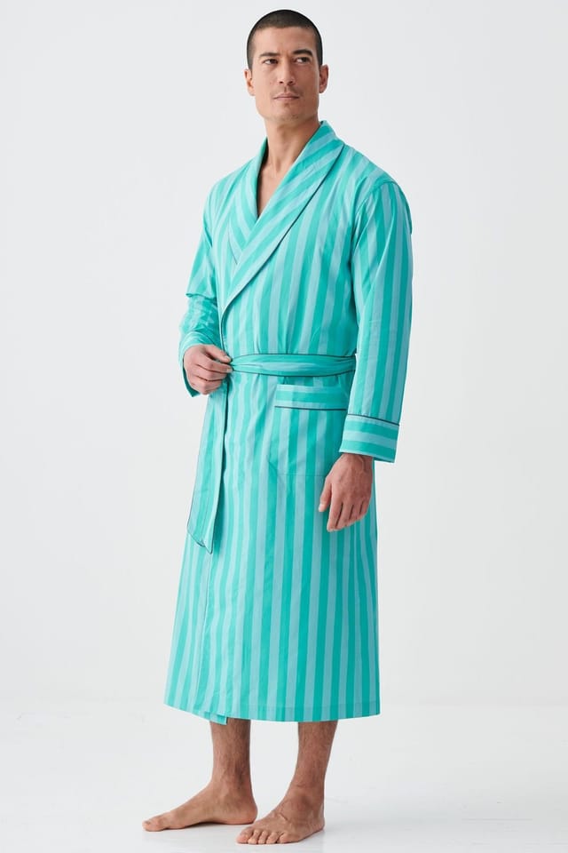 British Boxers British Boxers Men's "New York Turquoise Stripe" Crisp Cotton Dressing Gown - 3