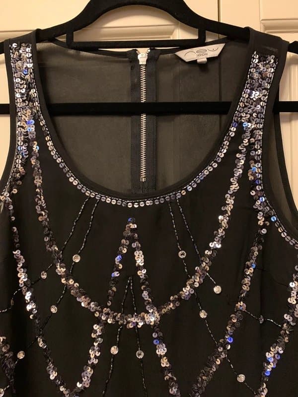 New Look Size 10 black chiffon sequin embellished top. Silver sequin