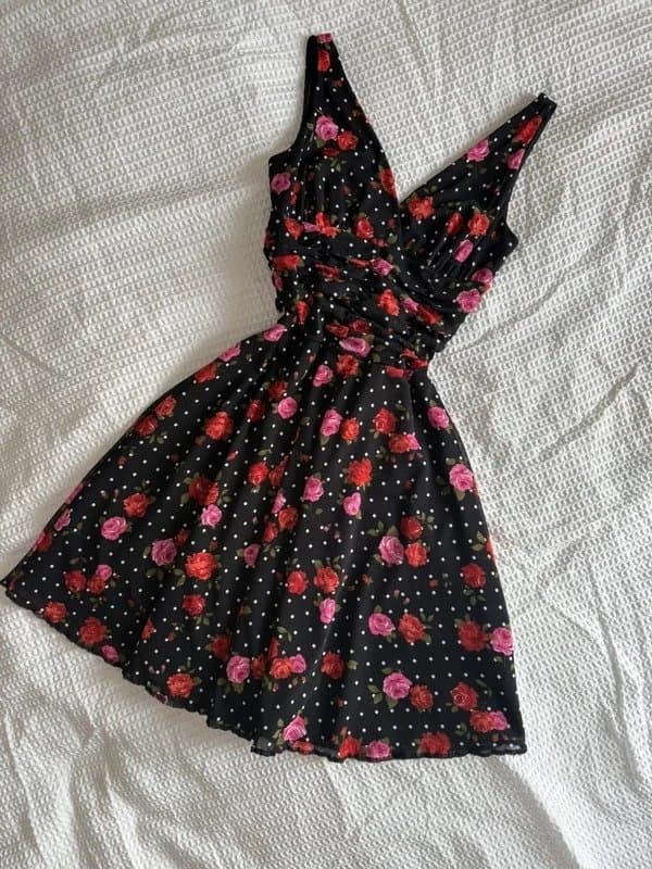 New Look Y2K New Look Black Mesh Dress Floral Polka Dot Ruched Mini Size 10