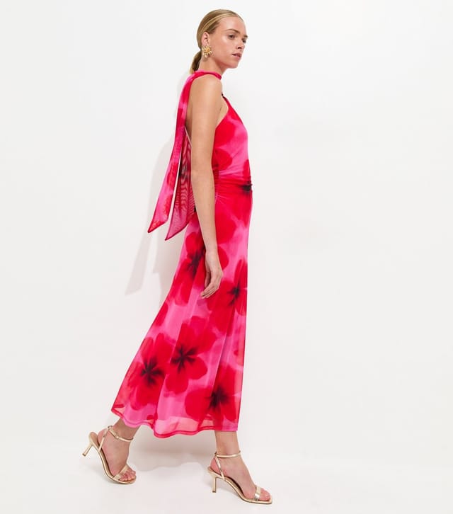 New Look Women's Dark Pink Floral Halter Scarf Detail Mesh Midi Dress New Look - 3