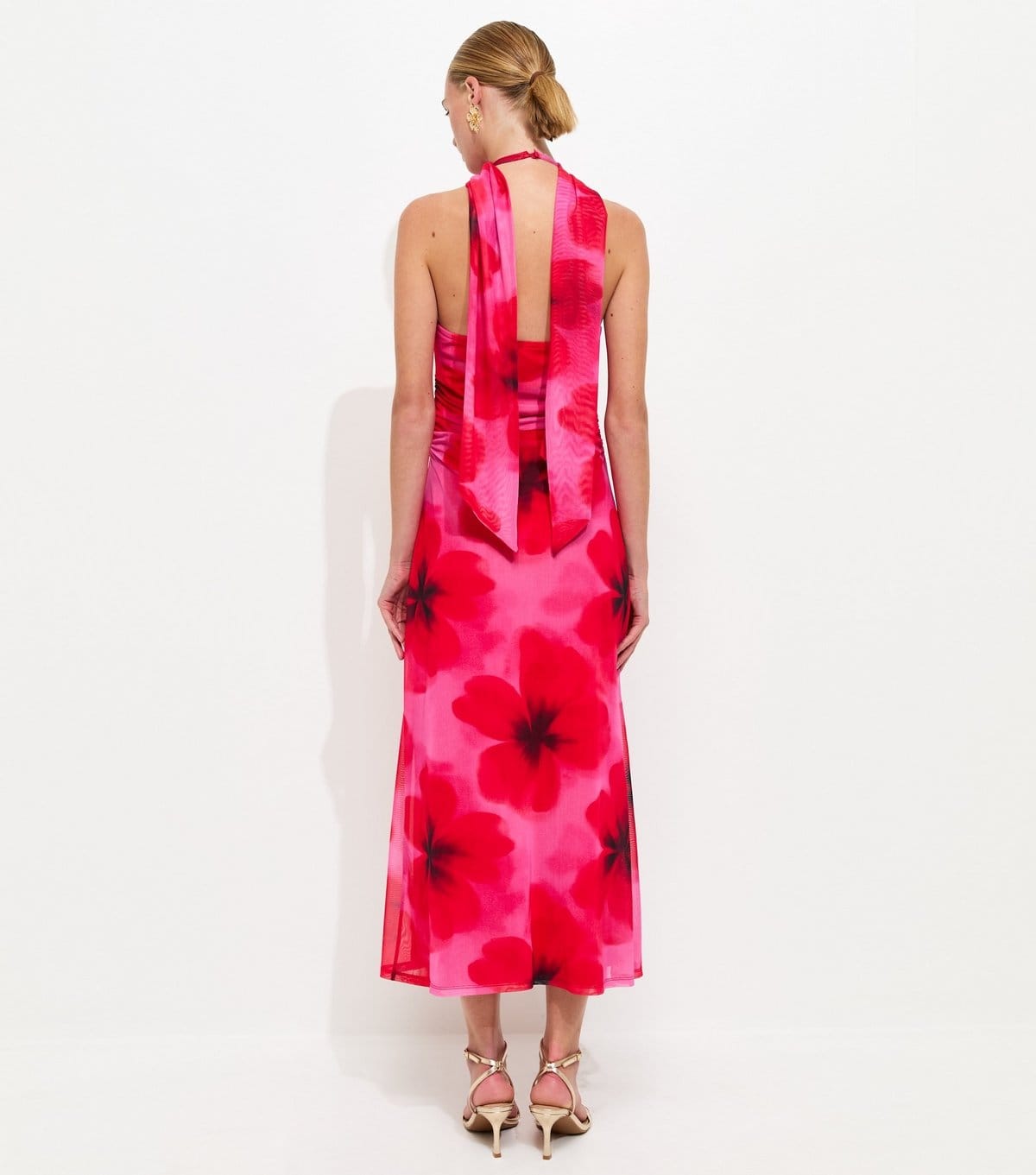 New Look Women's Dark Pink Floral Halter Scarf Detail Mesh Midi Dress New Look - 4