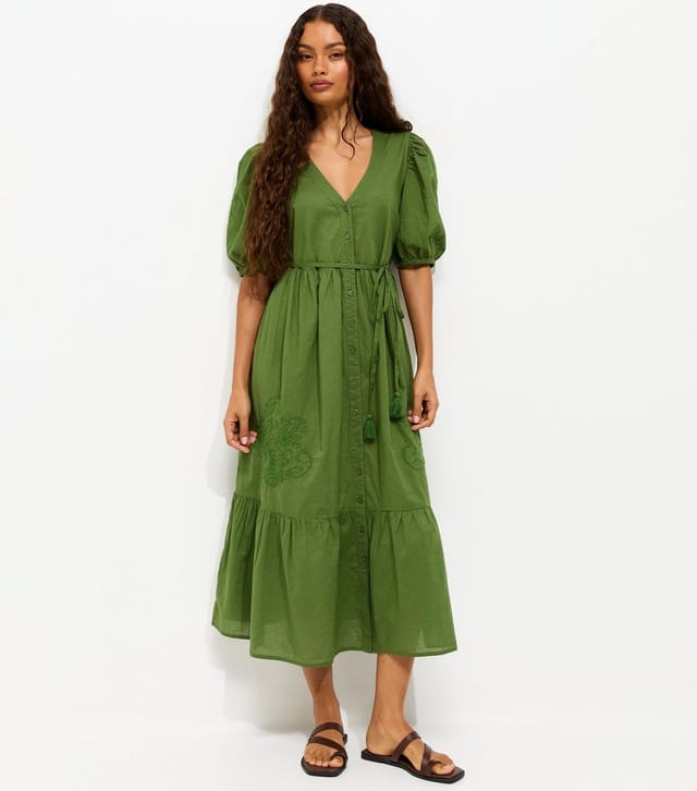 New Look Women's Petite Bright Green Floral Embroidered Smock Shirt Dress New Look - 2