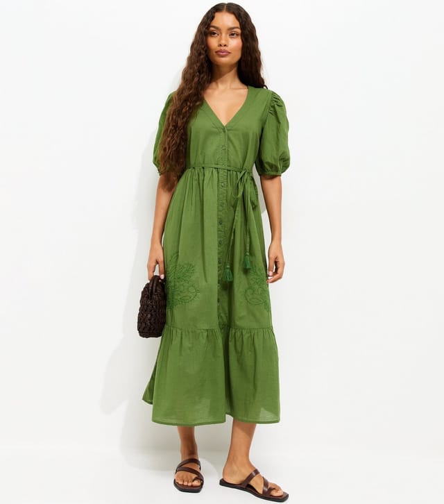 New Look Women's Petite Bright Green Floral Embroidered Smock Shirt Dress New Look - 3