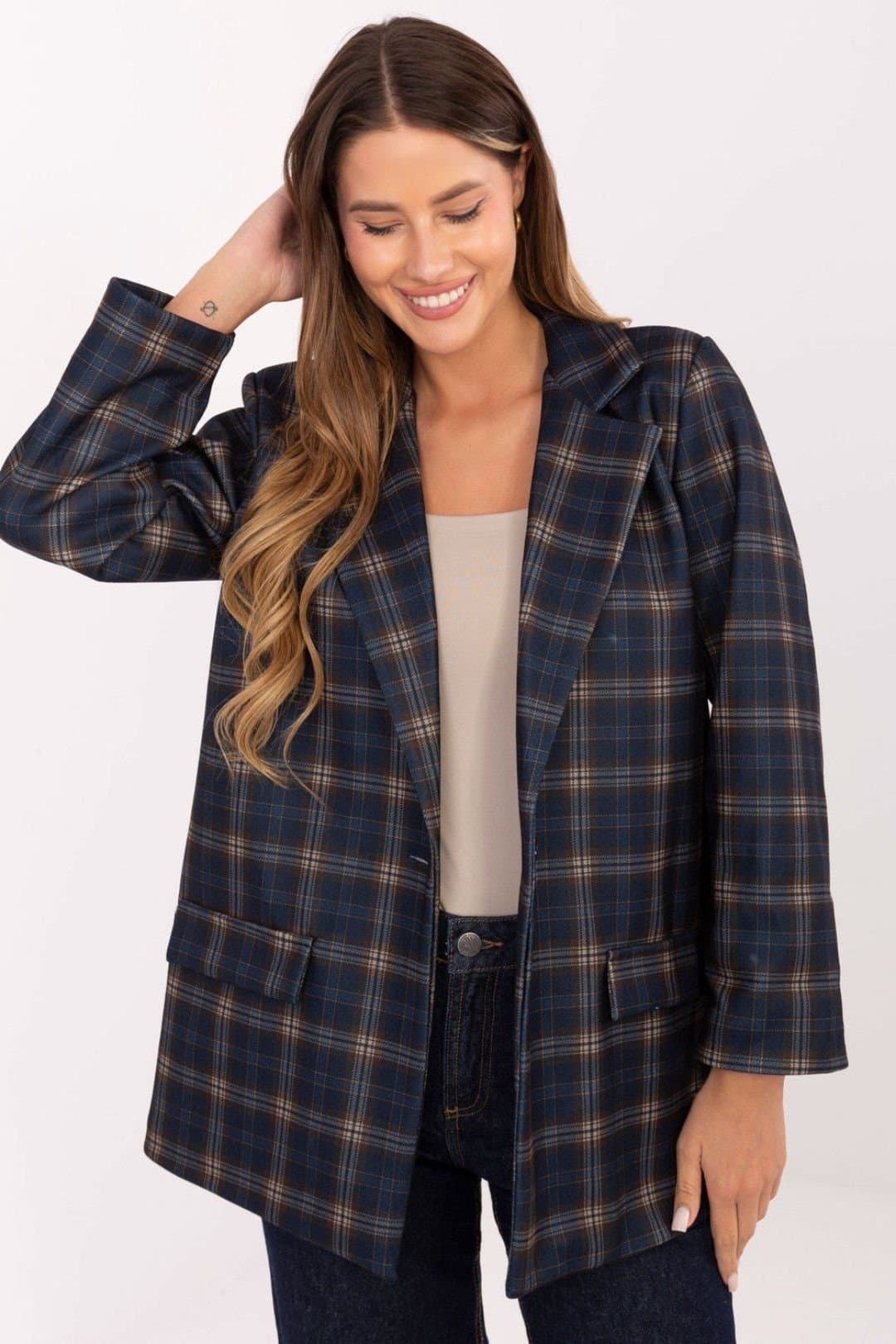 Love Lace Love Lace Women's Checkered Buttoned Blazer for Office Wear in Blue