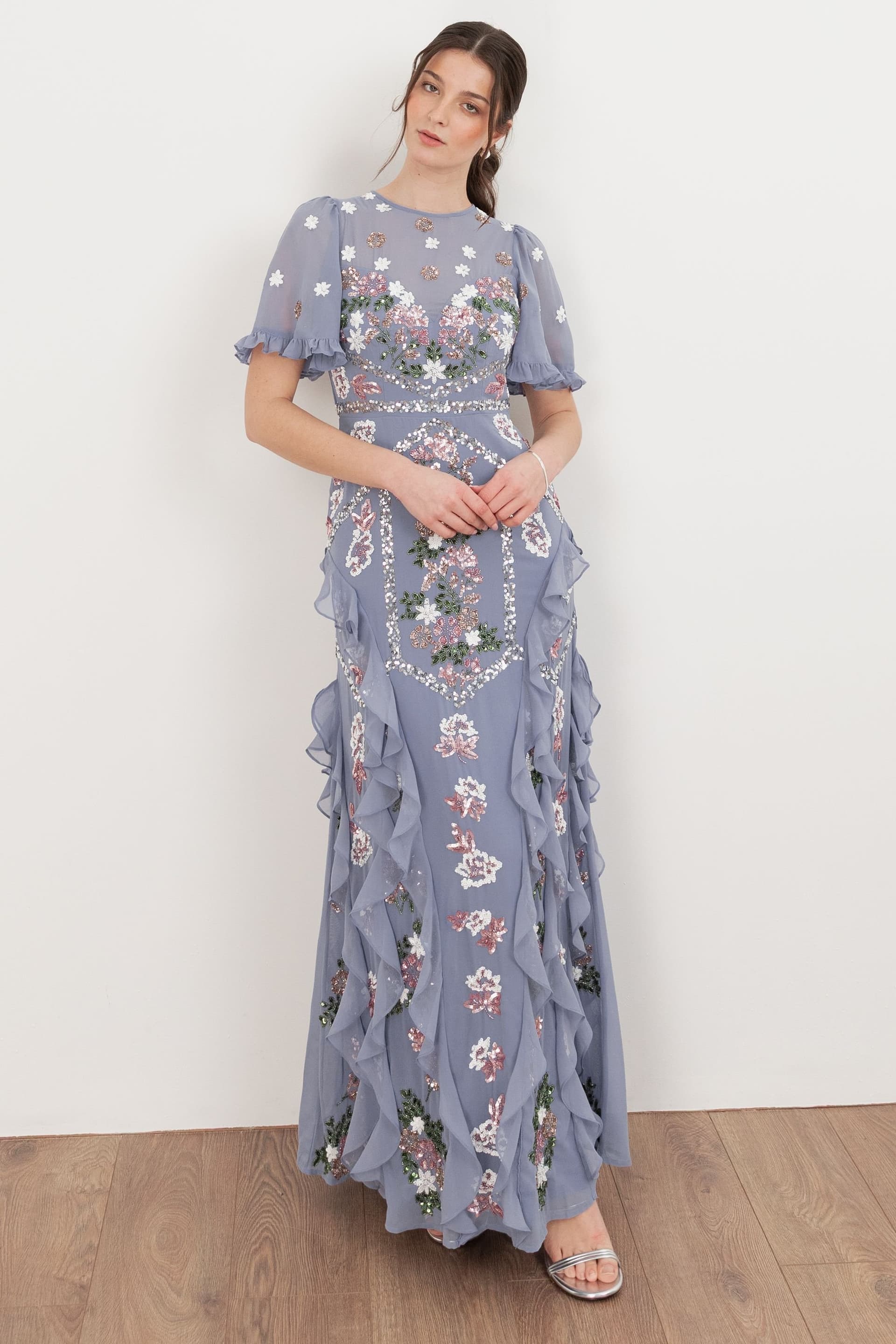 Maya Deluxe Maya Deluxe Women's Embellished Short Sleeve Ruffle Maxi Dress in Blue