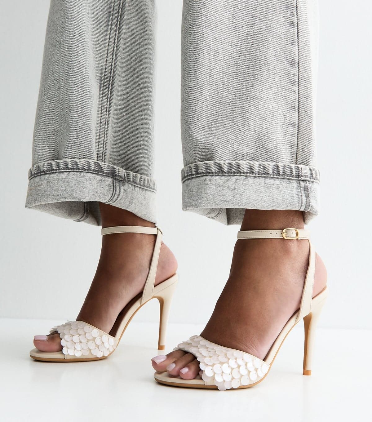 New Look Women's White Faux Leather Sequinned Stiletto Sandals Vegan New Look