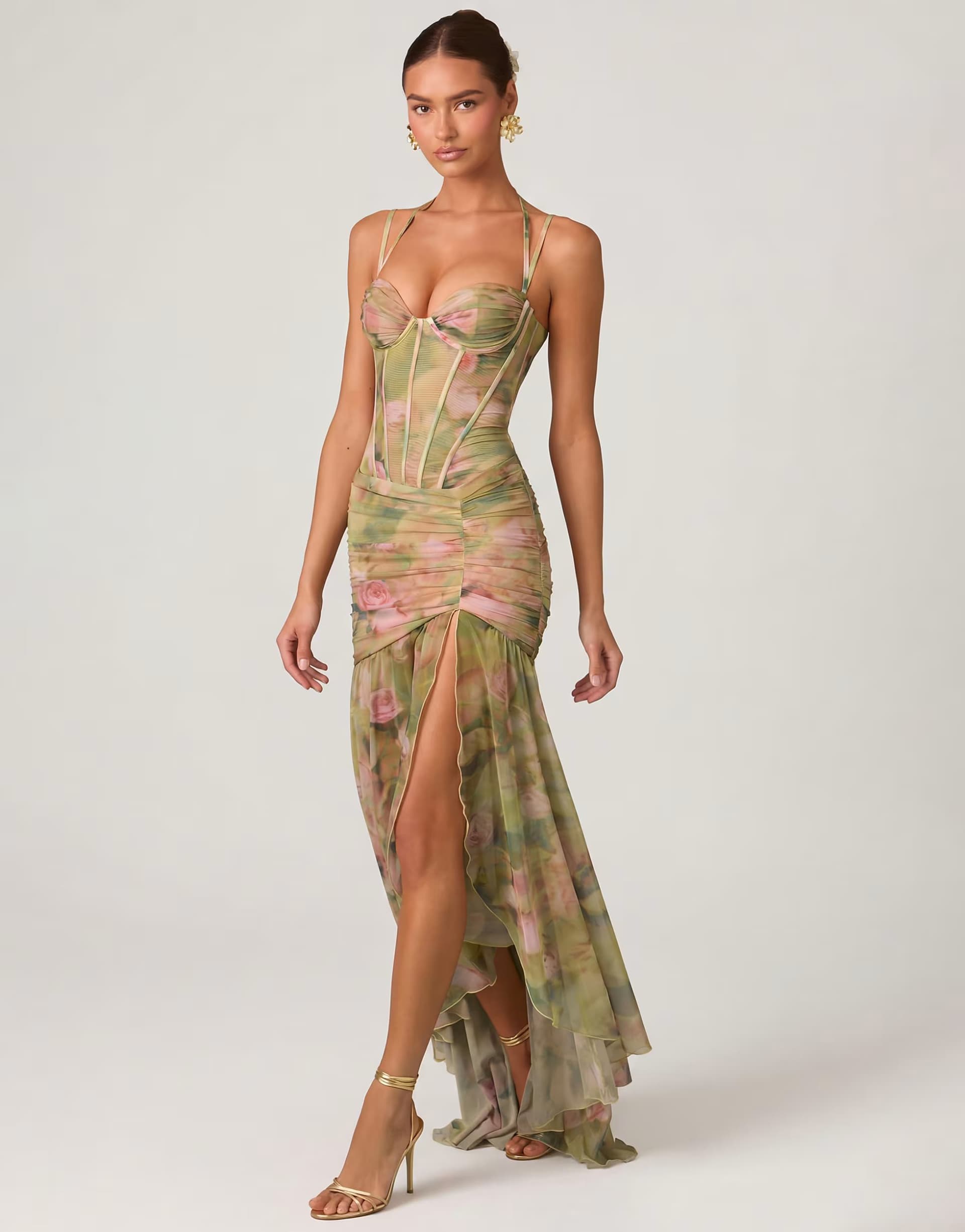ASOS Oh Polly occasion corset detail thigh split gown in green floral