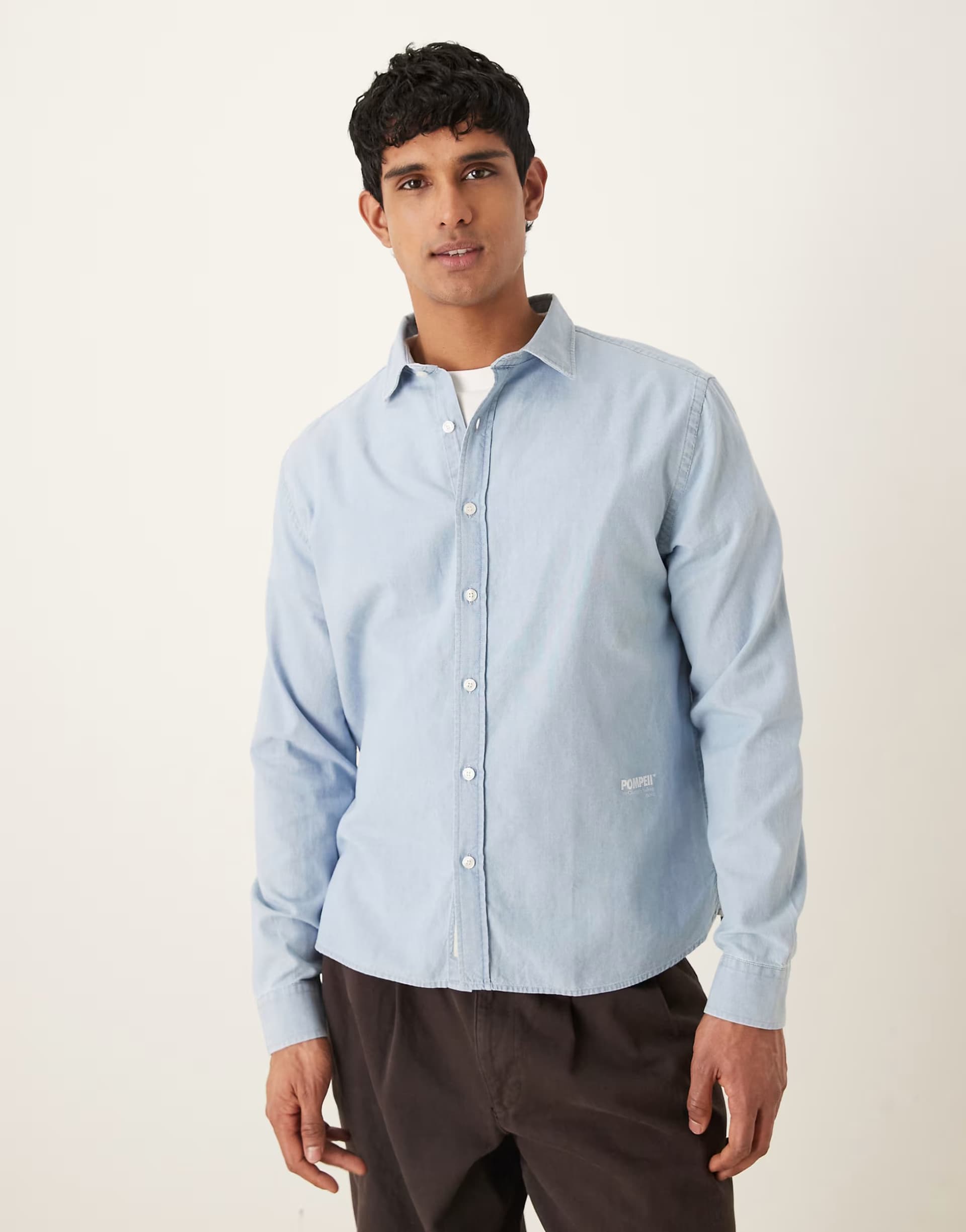 ASOS Pompeii cotton long sleeve logo oxford shirt in blue