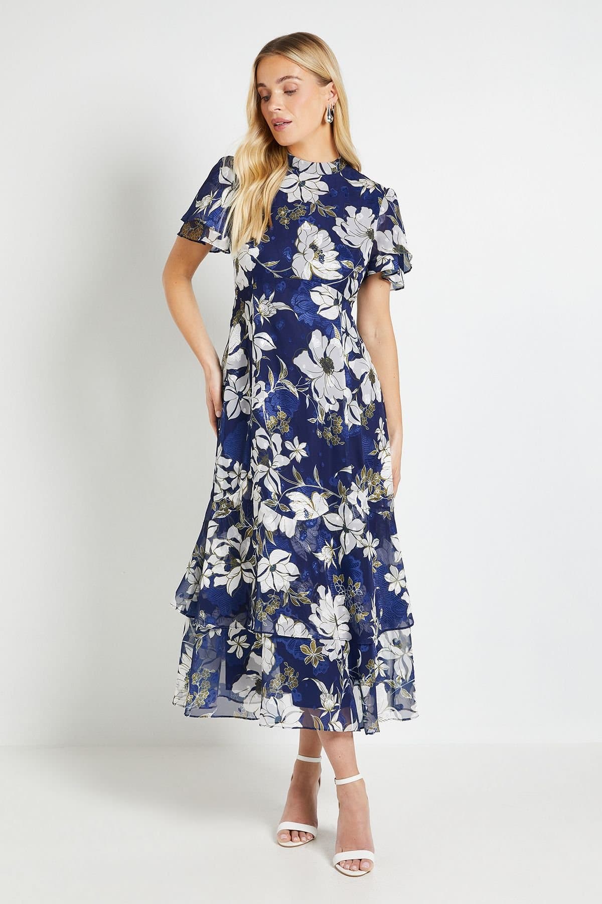 Wallis Wallis Women's PETITE Floral Burn Out Ruffle Midi Dress in Navy