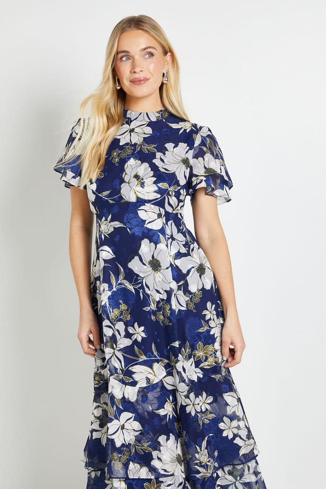 Wallis Wallis Women's PETITE Floral Burn Out Ruffle Midi Dress in Navy - 2