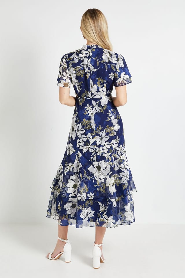 Wallis Wallis Women's PETITE Floral Burn Out Ruffle Midi Dress in Navy - 3