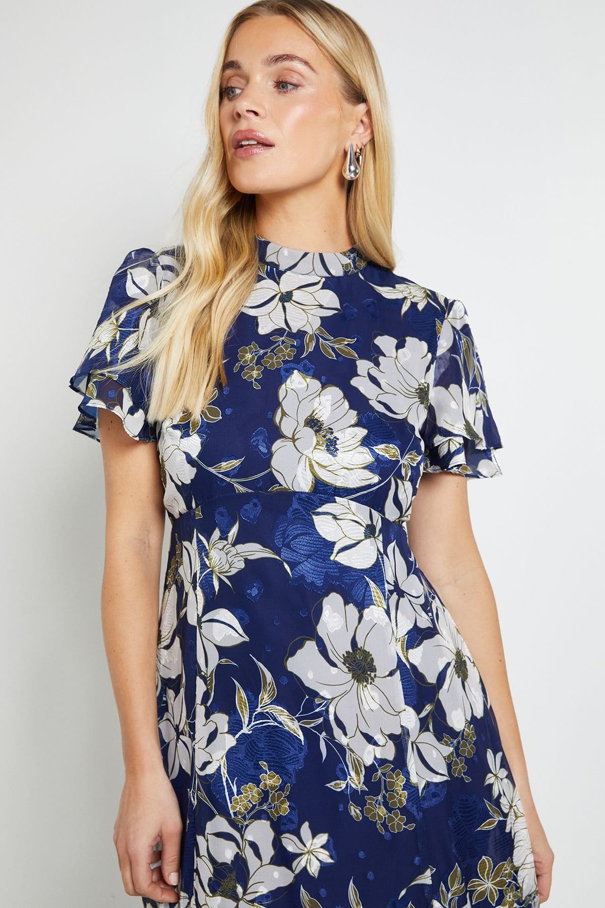 Wallis Wallis Women's PETITE Floral Burn Out Ruffle Midi Dress in Navy - 4