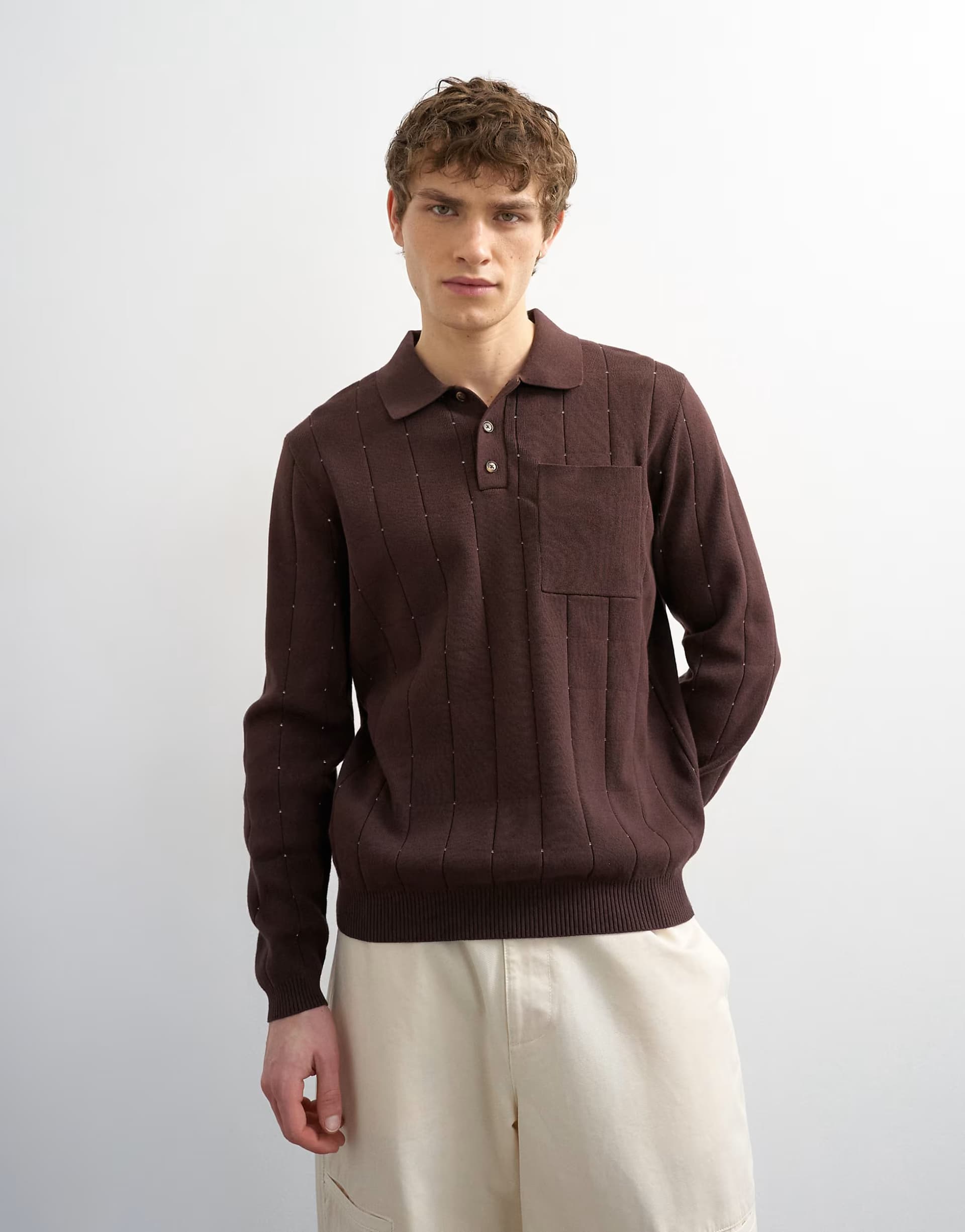 ASOS Topman classic fit long sleeve pointelle knitted polo in brown