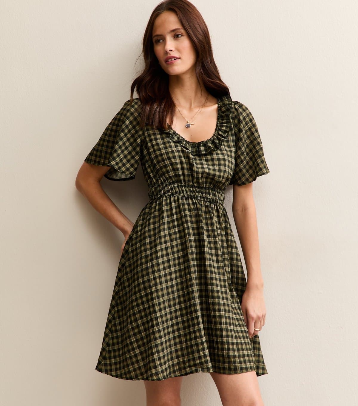 New Look Women's Green Checked Ruffle Trimmed Mini Dress New Look