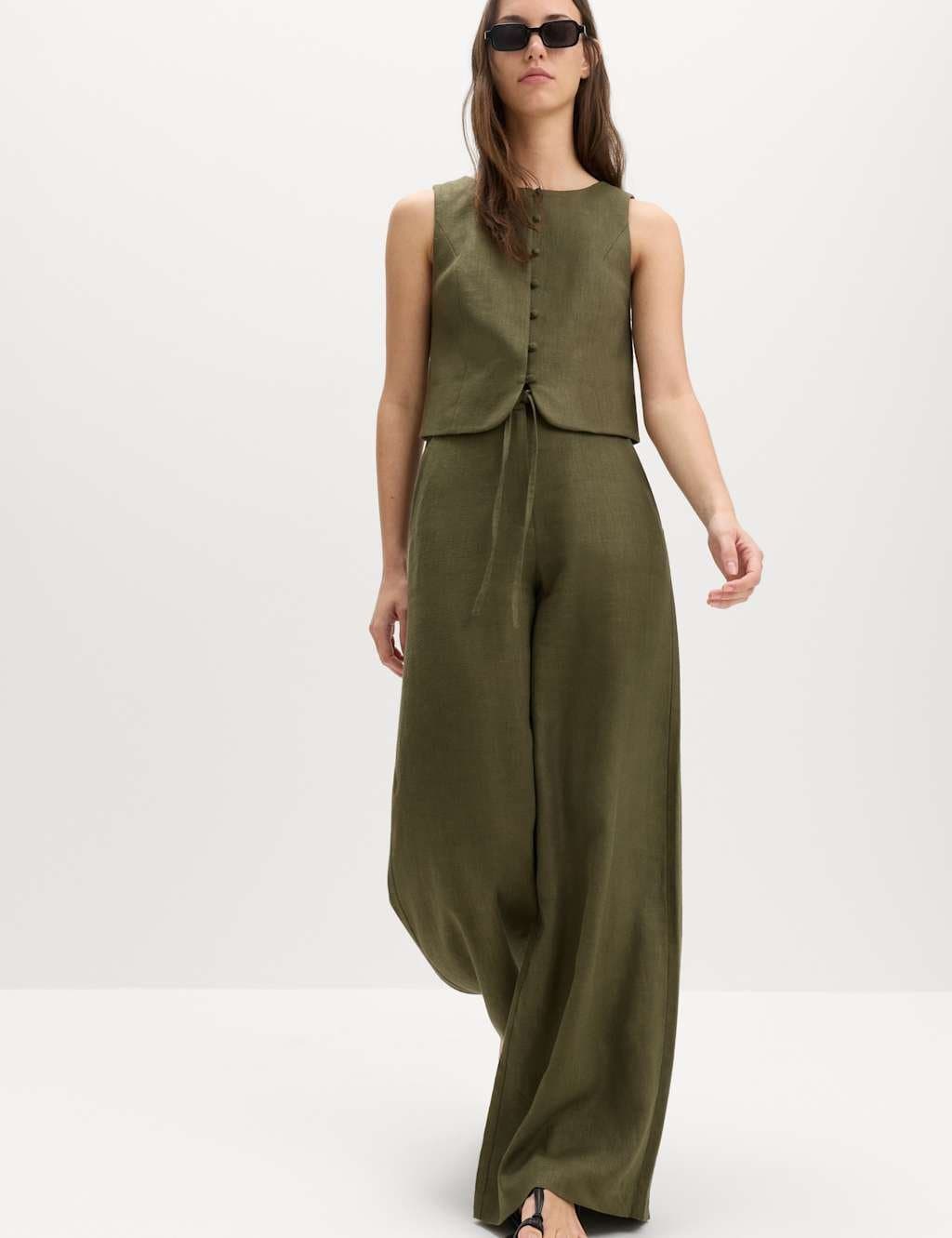 Marks & Spencer M&S Linen Rich Twill Drawstring Wide Leg Trousers Hunter Green