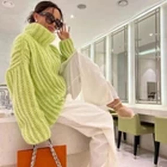 Havendro Havendro Women's L Green Chunky Knitted High Polo Roll Neck Jumper Oversized Top in Bright Green - 2