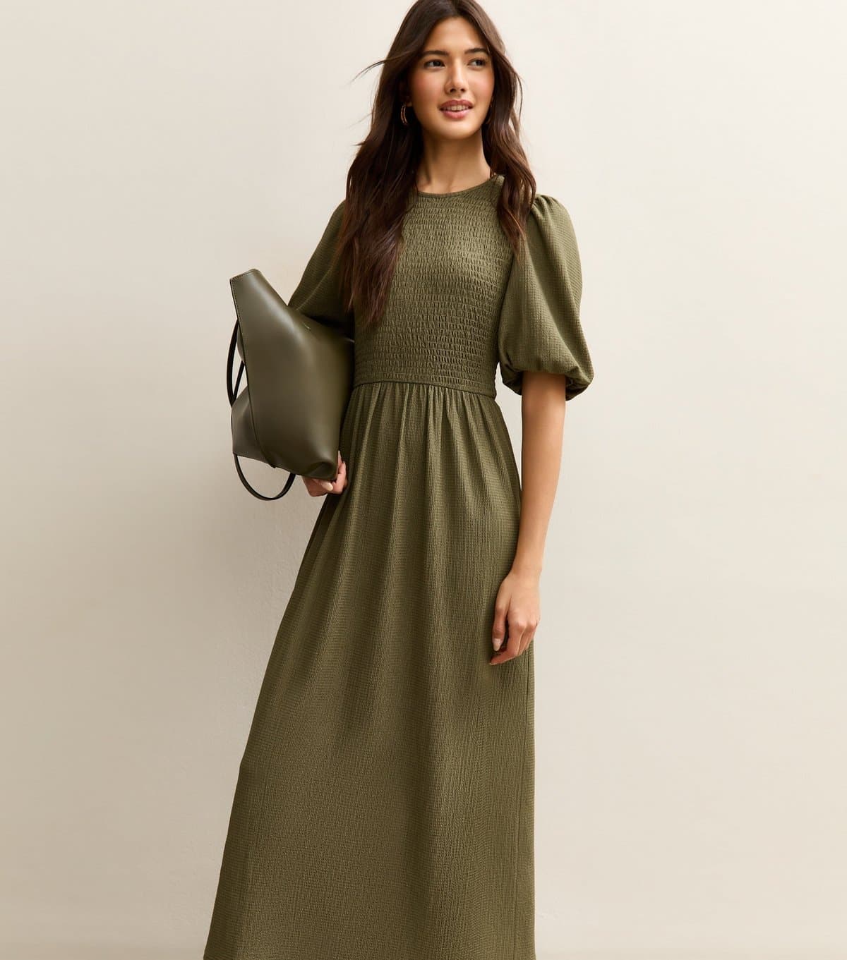 New Look Women's Khaki Textured Jersey Puff Sleeve Smock Midi Dress New Look