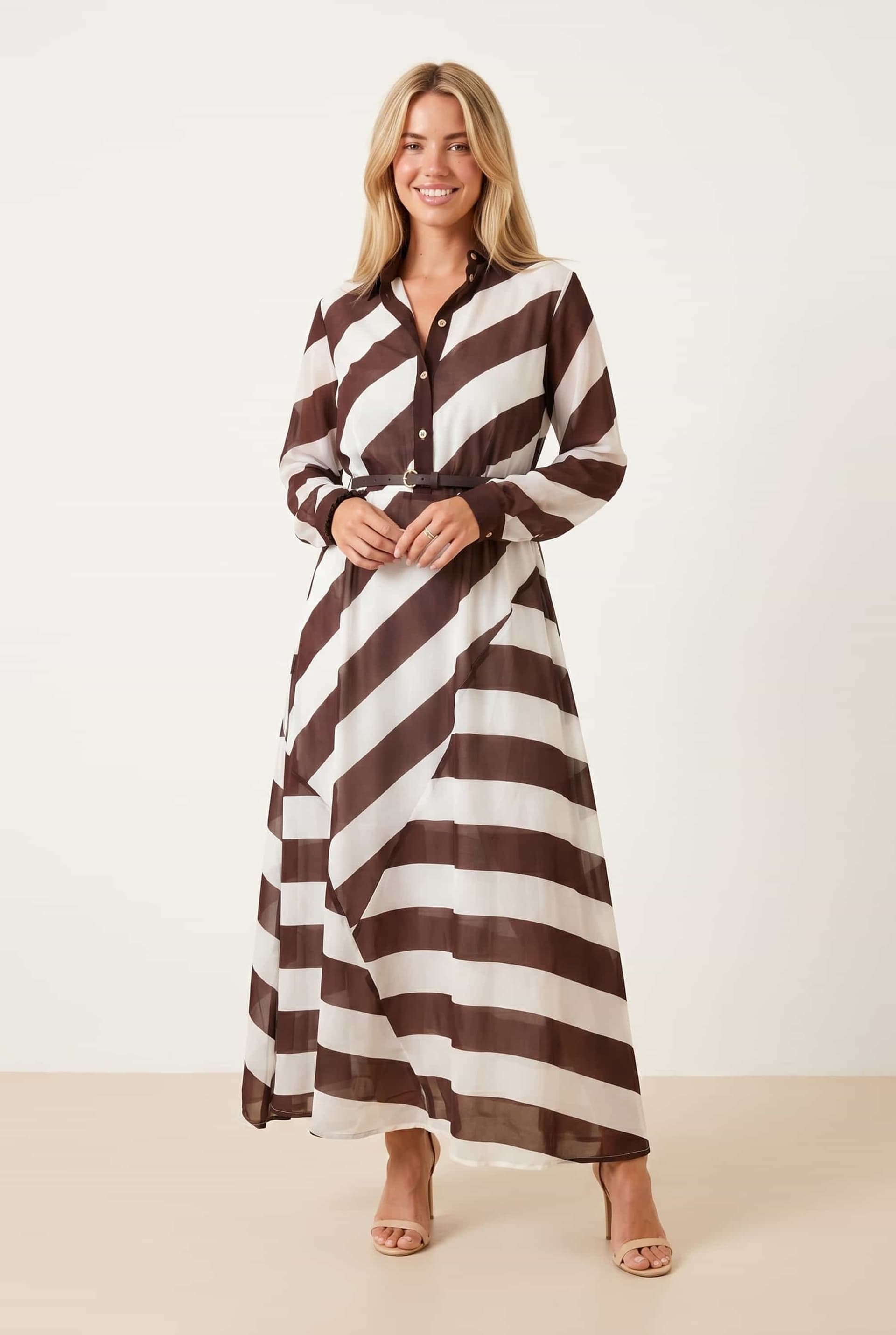 Style Cheat Style Cheat Women's Stripe Belted Shirt Dress in Chocolate
