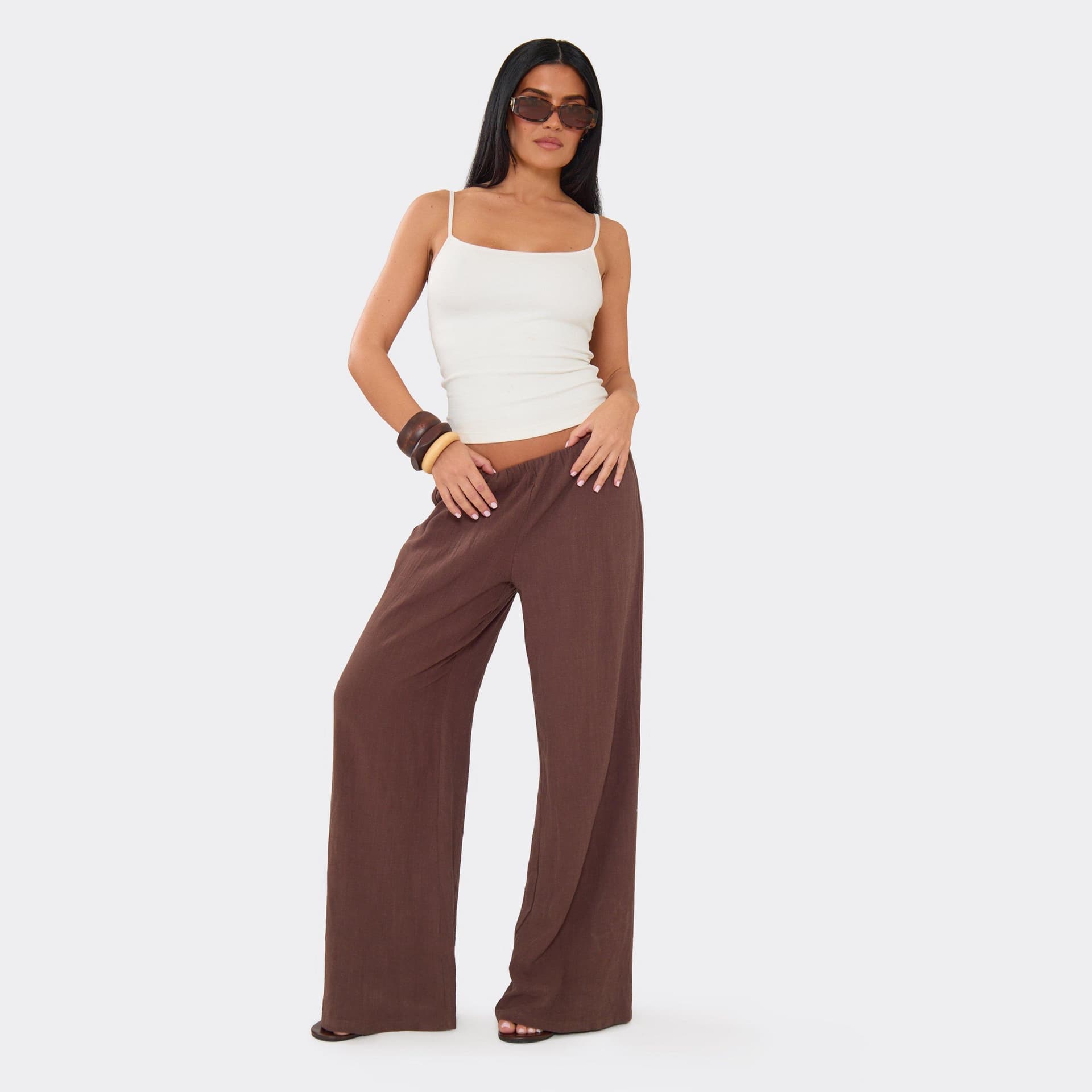 EGO Low Rise Wide Leg Trousers In Brown Linen, Women's Size UK 6