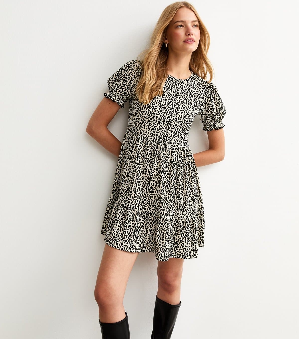 New Look Women's Brown Animal Print Crinkle Texture Smock Tiered Mini Dress New Look