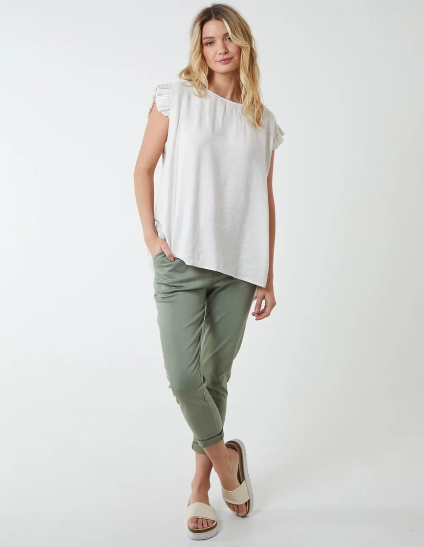 Blue Vanilla Button Back Frill Shoulder Top - 1