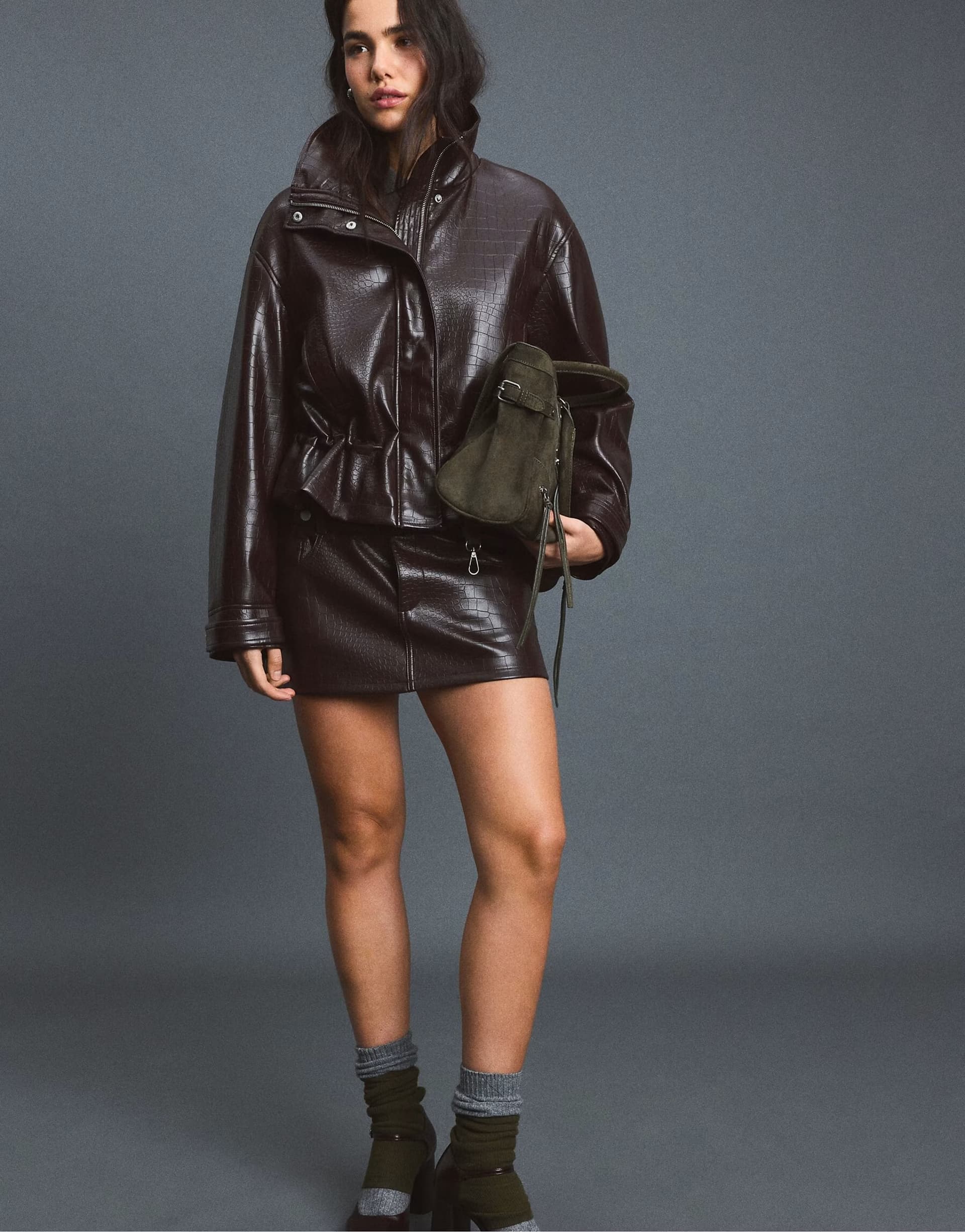 ASOS Stradivarius Crocodile-effect leather effect cropped jacket in brown