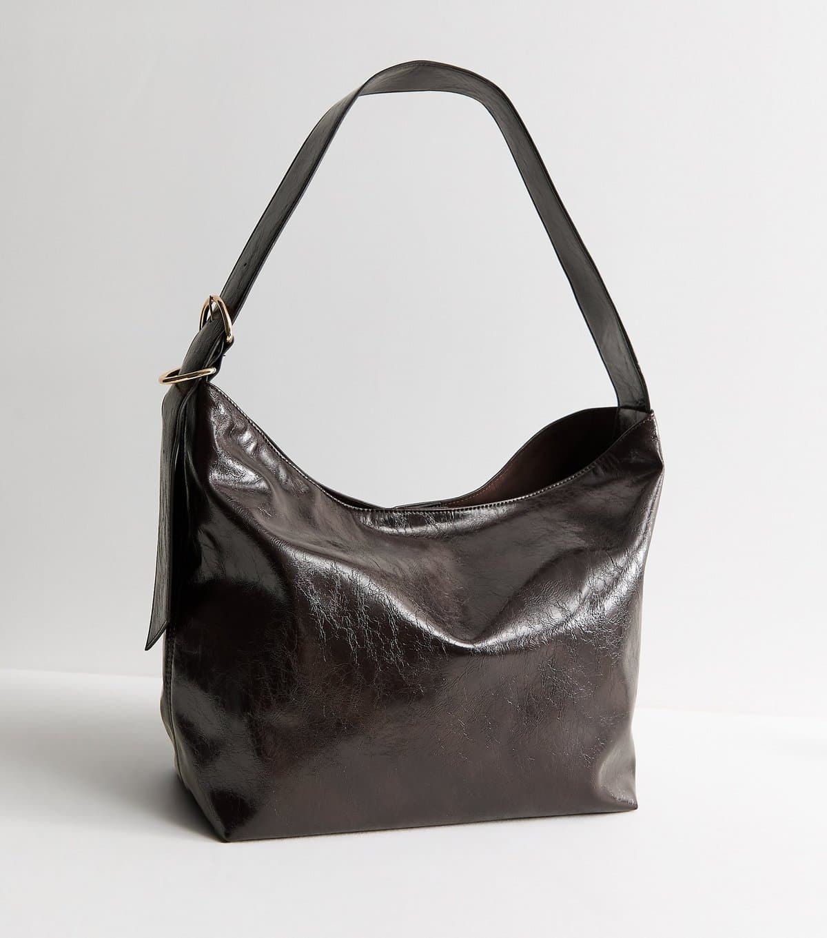 New Look Dark Brown Faux Leather Buckle Detail Hobo Shoulder Bag Vegan New Look