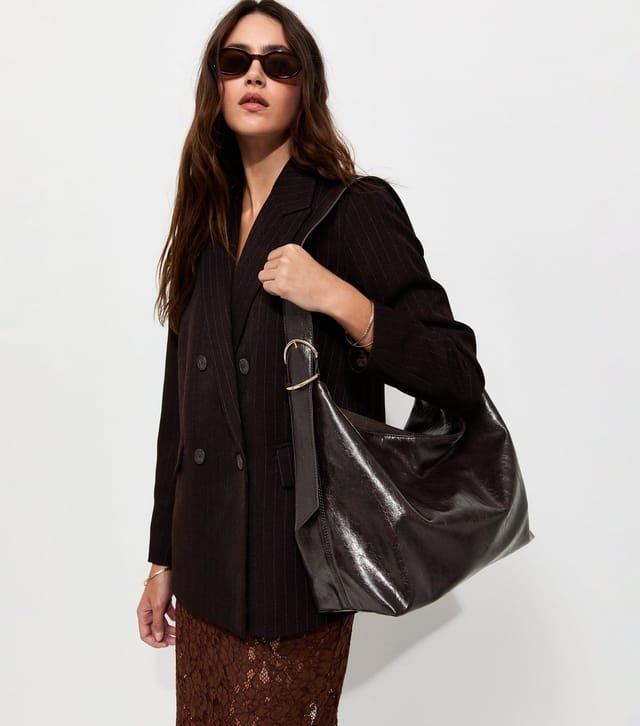 New Look Dark Brown Faux Leather Buckle Detail Hobo Shoulder Bag Vegan New Look - 2