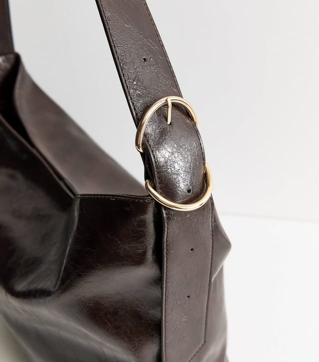 New Look Dark Brown Faux Leather Buckle Detail Hobo Shoulder Bag Vegan New Look - 3