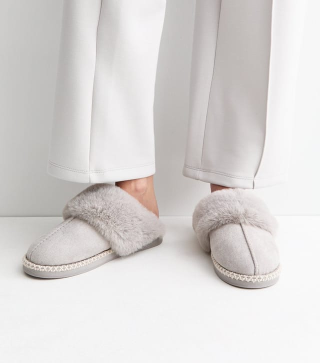 New Look Women's Grey Faux Suede Stitch Trim Mule Slippers Vegan New Look - 2