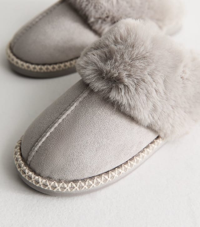New Look Women's Grey Faux Suede Stitch Trim Mule Slippers Vegan New Look - 3