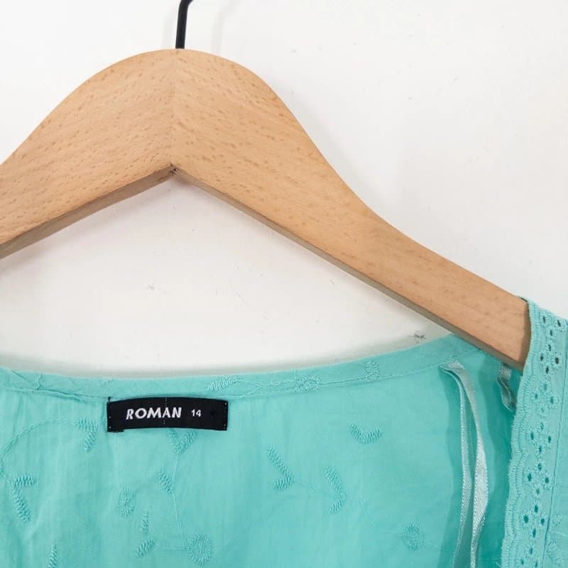 ROMAN Roman Broderie Anglaise Cotton Top Size 14 Blue Green Embroidered Vest Blouse
