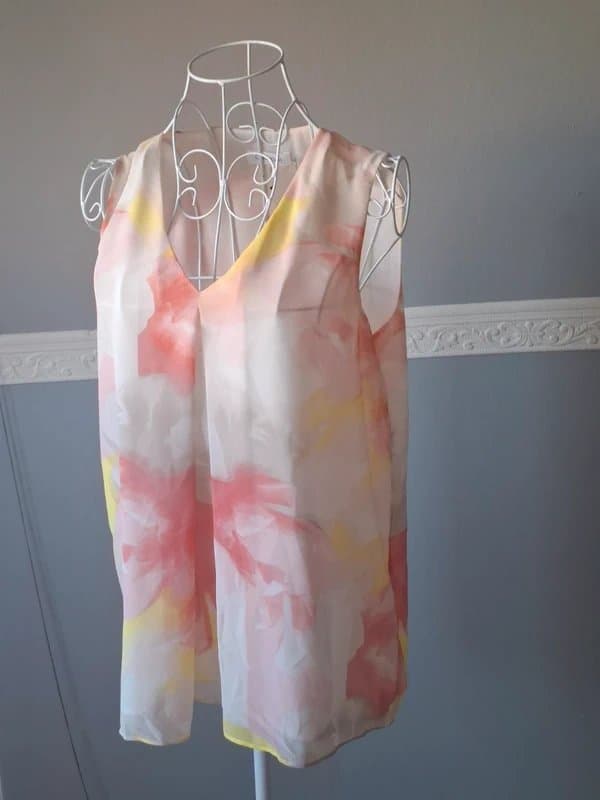 Calvin Klein Calvin Klein White Floral Chiffon Top Size M – Floaty Sheer Peach & Lemon Flower Print Blouse
