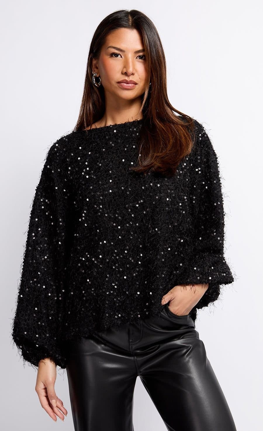 Little Mistress Little Mistress Women's Black Sequin Fringe Jumper