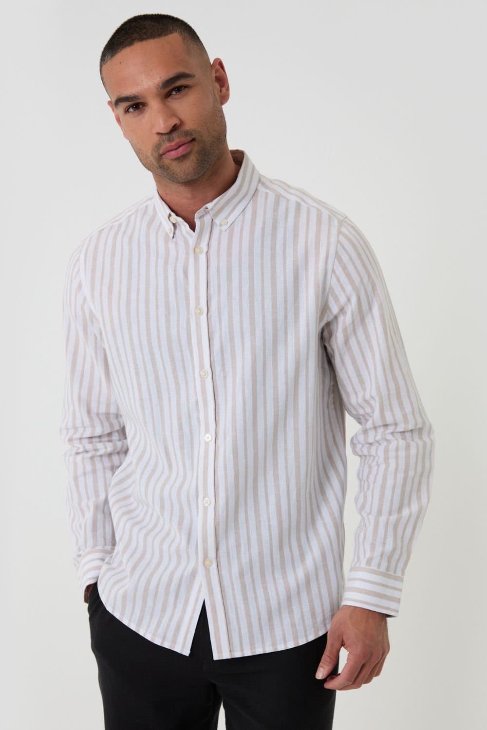Threadbare Threadbare Men's Stripe Linen Cotton Blend Long Sleeve Shirt in Light Stone