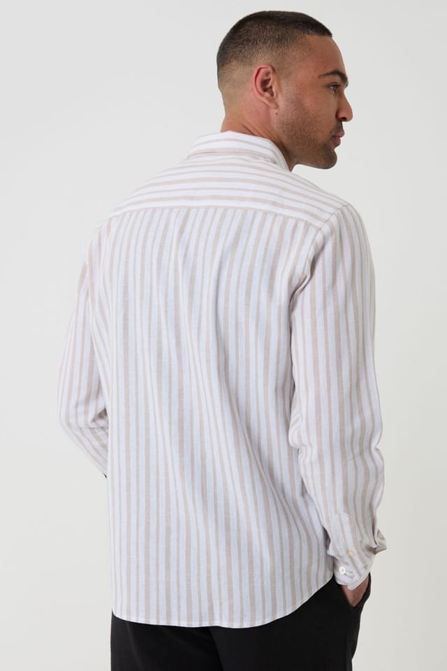 Threadbare Threadbare Men's Stripe Linen Cotton Blend Long Sleeve Shirt in Light Stone - 2