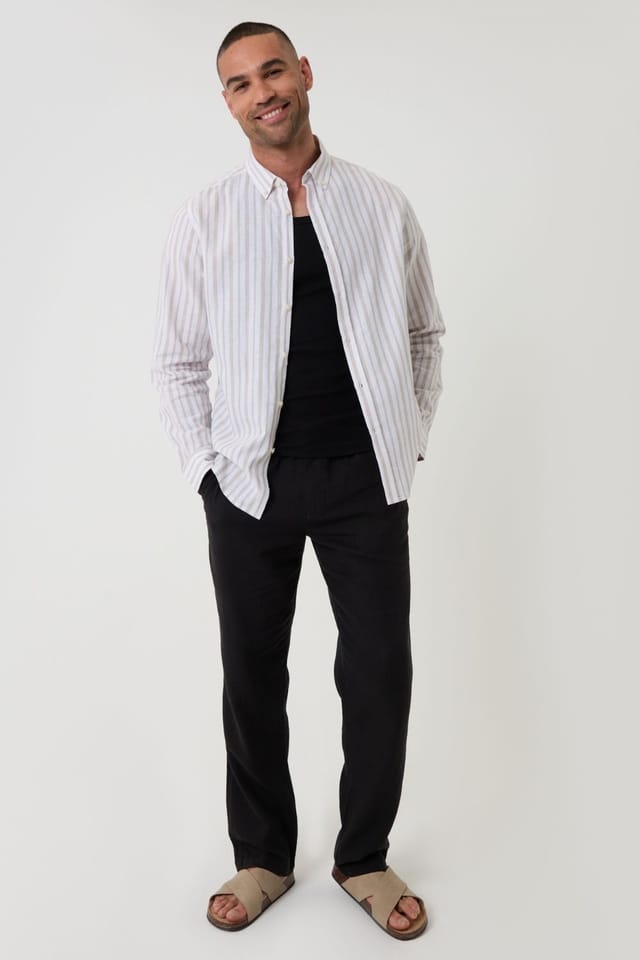 Threadbare Threadbare Men's Stripe Linen Cotton Blend Long Sleeve Shirt in Light Stone - 3