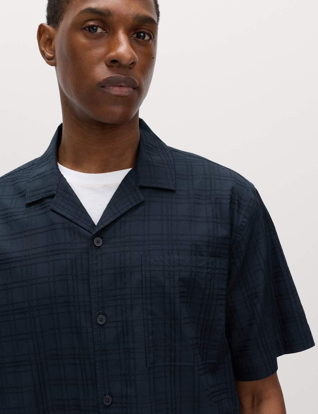 Marks & Spencer M&S Dark Navy Cotton Cuban Collar Shirt