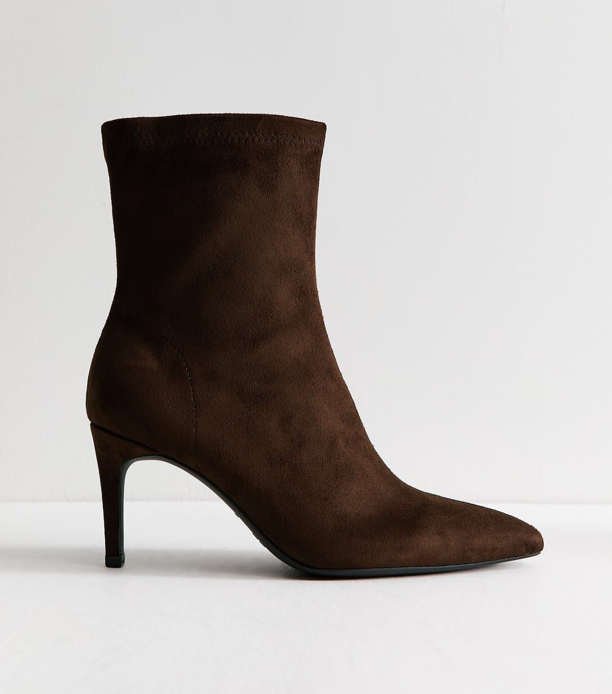 New Look Women's Dark Brown Faux Suede Pointed Sock Stiletto Ankle Boots Vegan New Look
