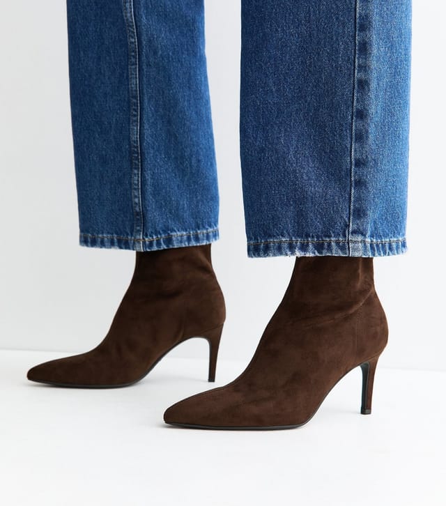 New Look Women's Dark Brown Faux Suede Pointed Sock Stiletto Ankle Boots Vegan New Look - 2