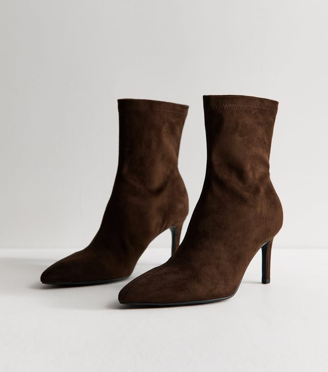 New Look Women's Dark Brown Faux Suede Pointed Sock Stiletto Ankle Boots Vegan New Look - 3