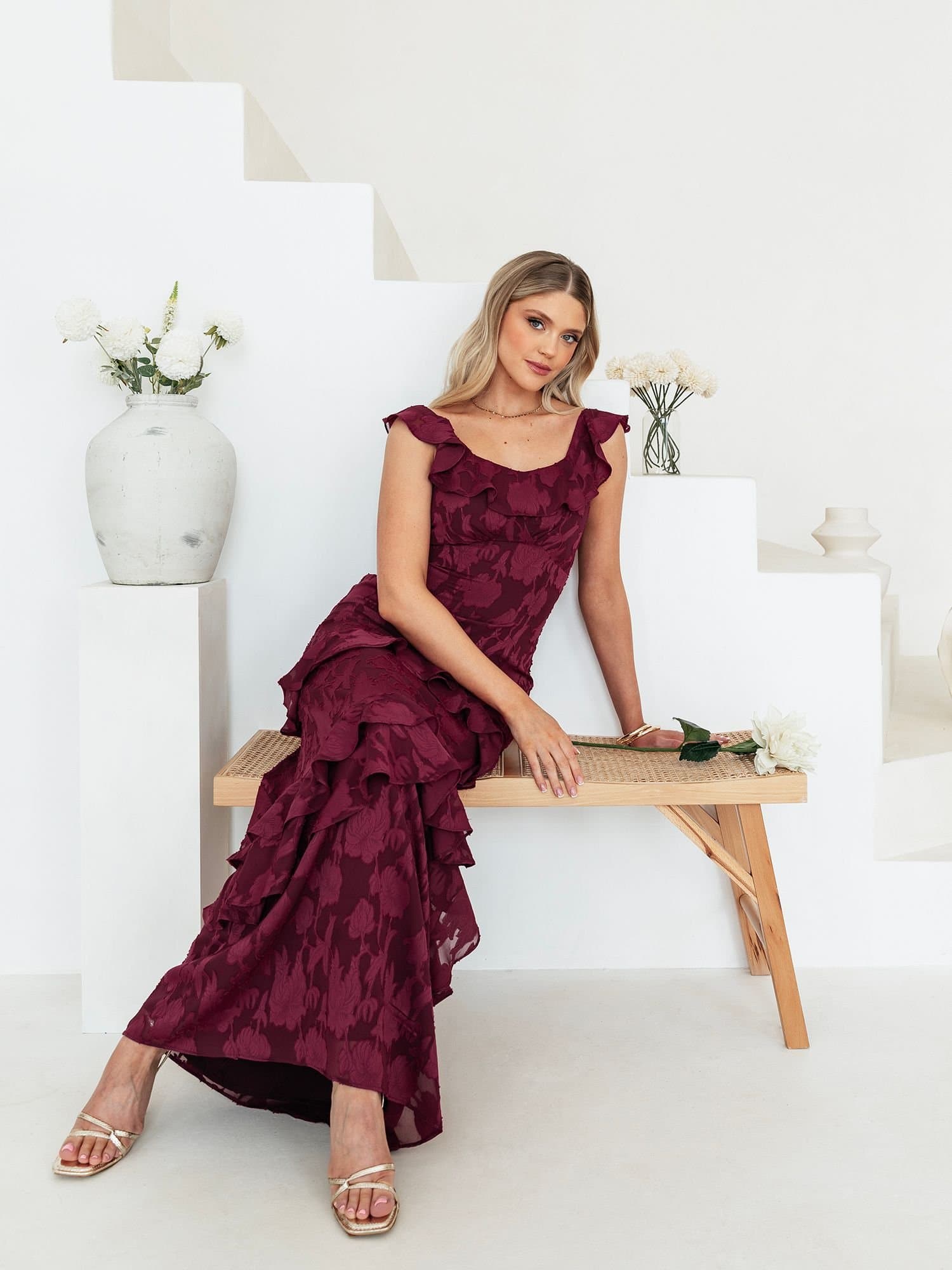 Anaya with Love Anaya with Love Women's Floral Burnout Ruffle Maxi Dress in Dark Pink