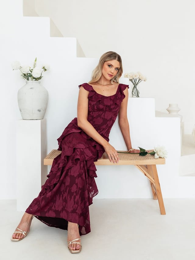 Anaya with Love Anaya with Love Women's Floral Burnout Ruffle Maxi Dress in Dark Pink - 2