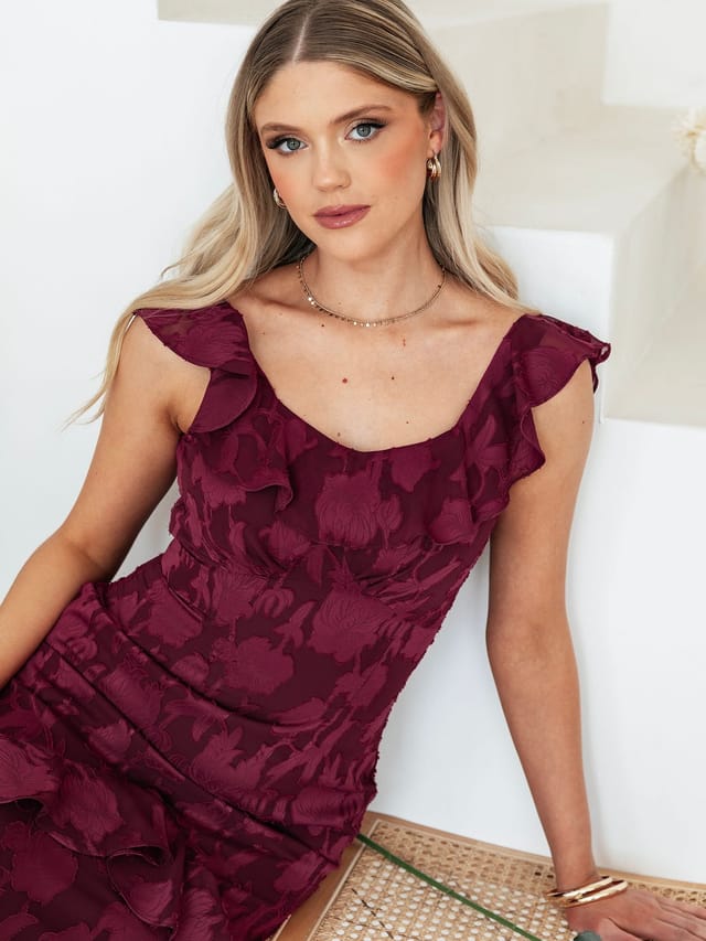 Anaya with Love Anaya with Love Women's Floral Burnout Ruffle Maxi Dress in Dark Pink - 3