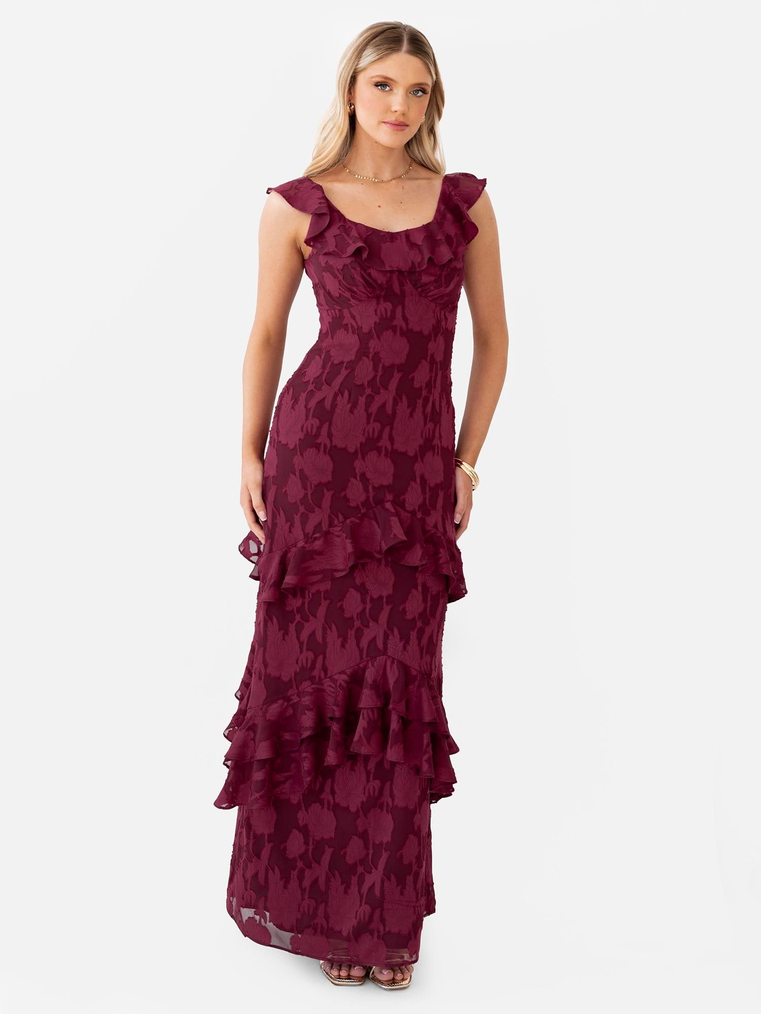 Anaya with Love Anaya with Love Women's Floral Burnout Ruffle Maxi Dress in Dark Pink - 4